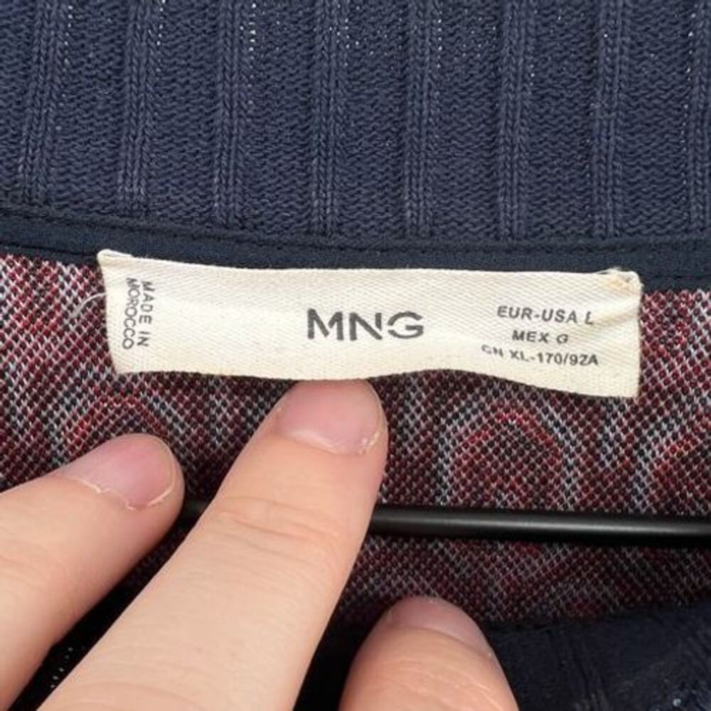 MNG by Mango Women L Printed Cotton Blend Thick Short Sleeve Shirt Black Blue - Picture 4 of 4